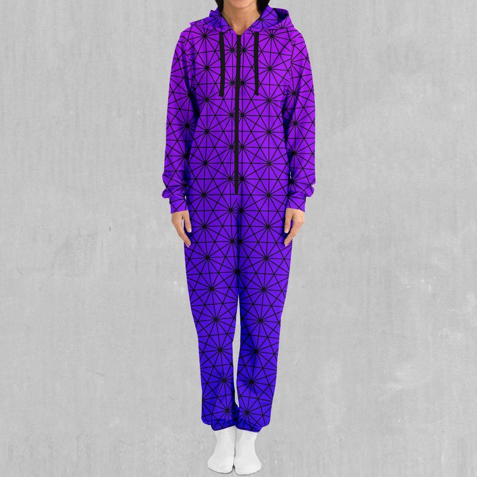 Star Net (Ultraviolet) Sacred Geometry Adult  Zip Up Jumpsuit Pajamas