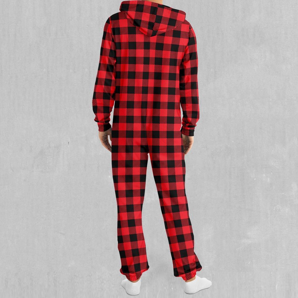 Red Checkered Plaid Adult  Zip Up Jumpsuit Pajamas