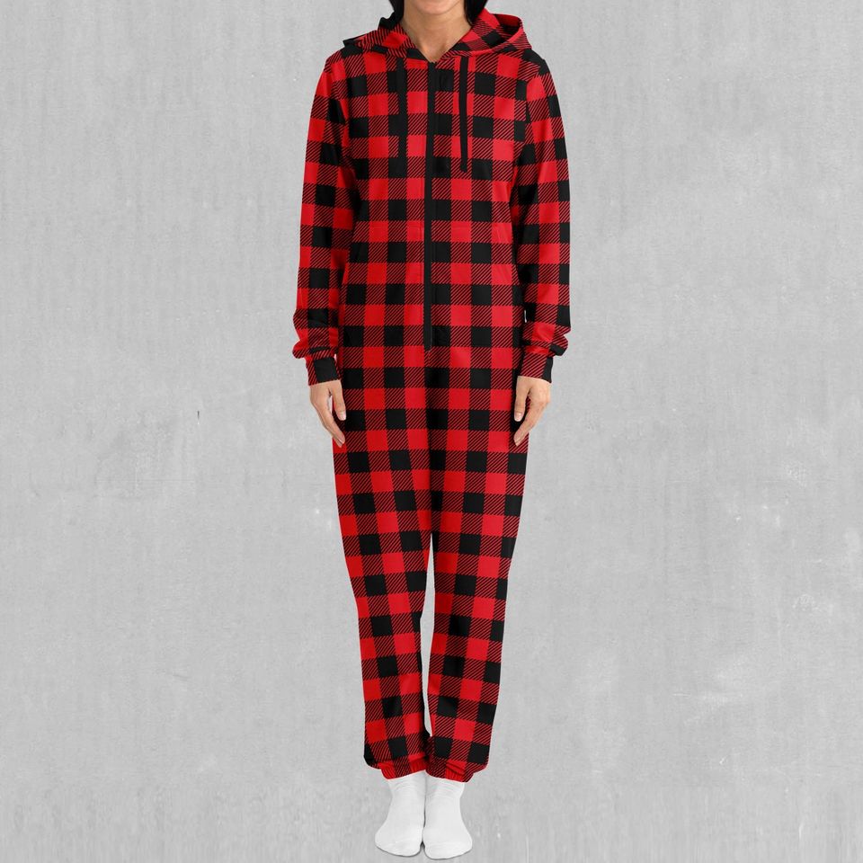 Red Checkered Plaid Adult  Zip Up Jumpsuit Pajamas