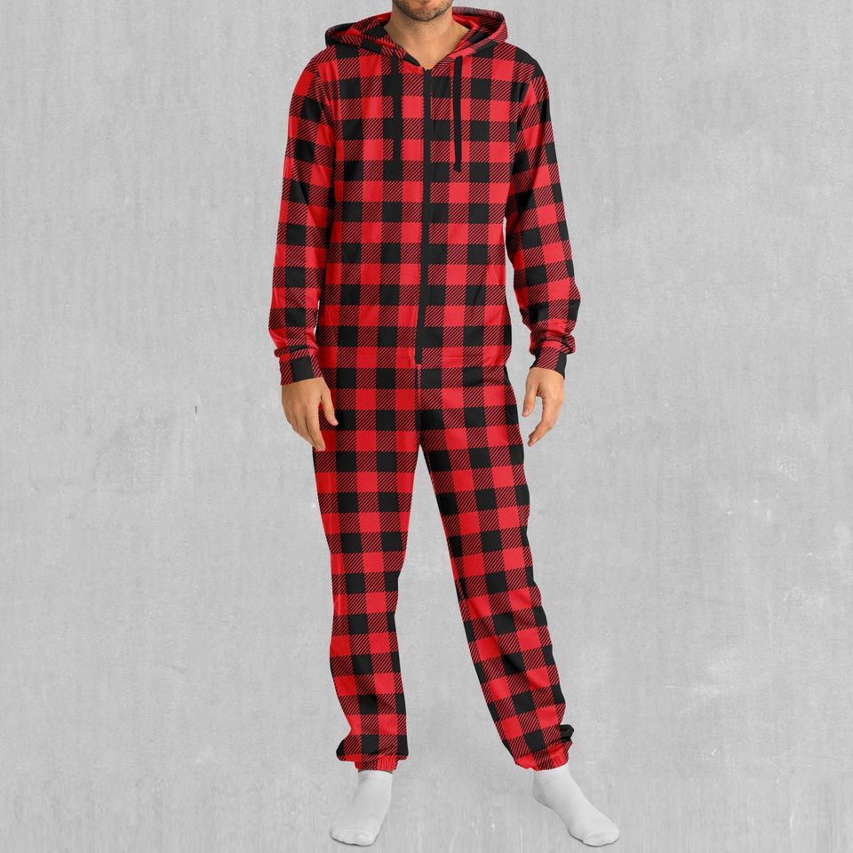 Red Checkered Plaid Adult  Zip Up Jumpsuit Pajamas