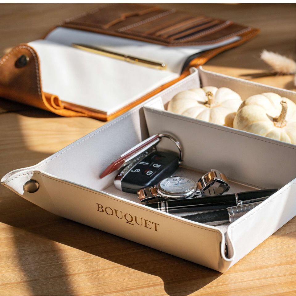 Personalized Hand Crafted Leather Office Desk Organizer, Custom Storage Tray