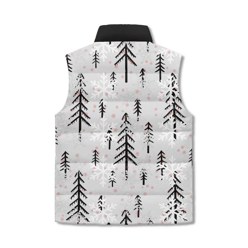 Gray Winter Forest Vest - Tree & Snow AOP Print Unisex Zip Up Puffer Jacket