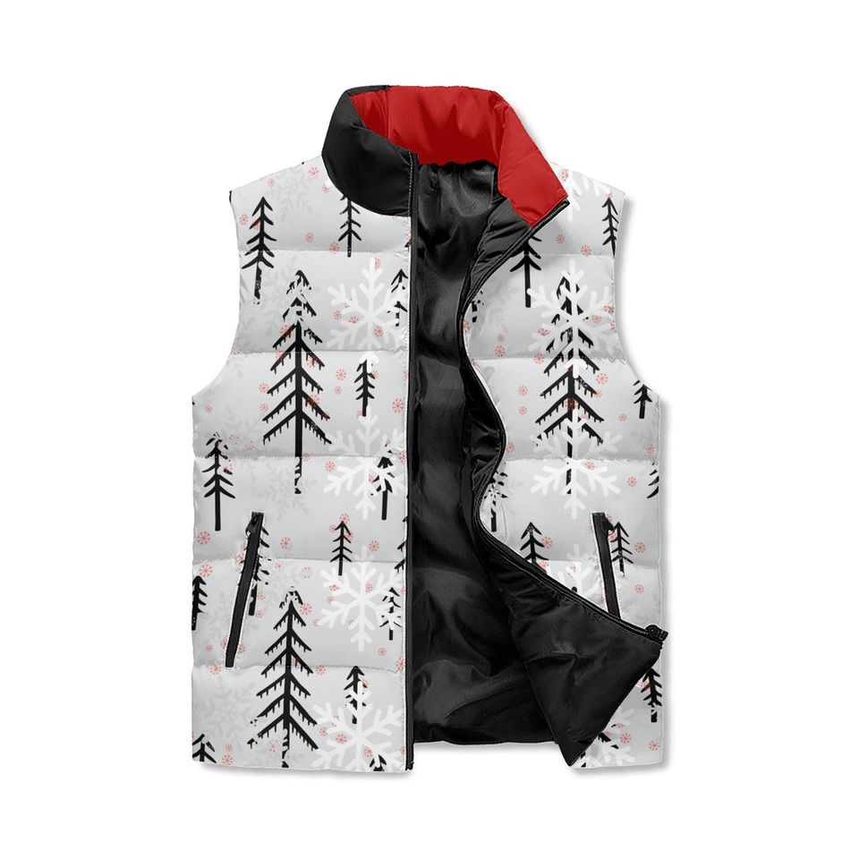 Gray Winter Forest Vest - Tree & Snow AOP Print Unisex Zip Up Puffer Jacket