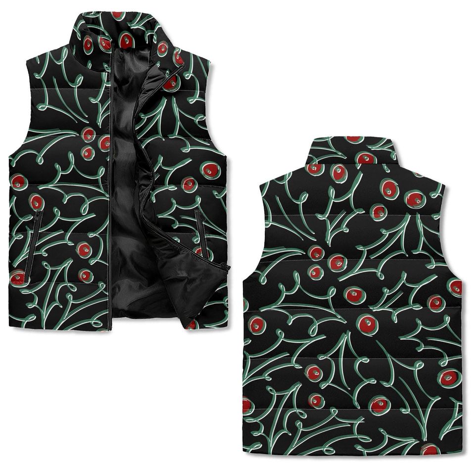 Holly Berry Print Puffer Vest  Custom Color Winter Vest