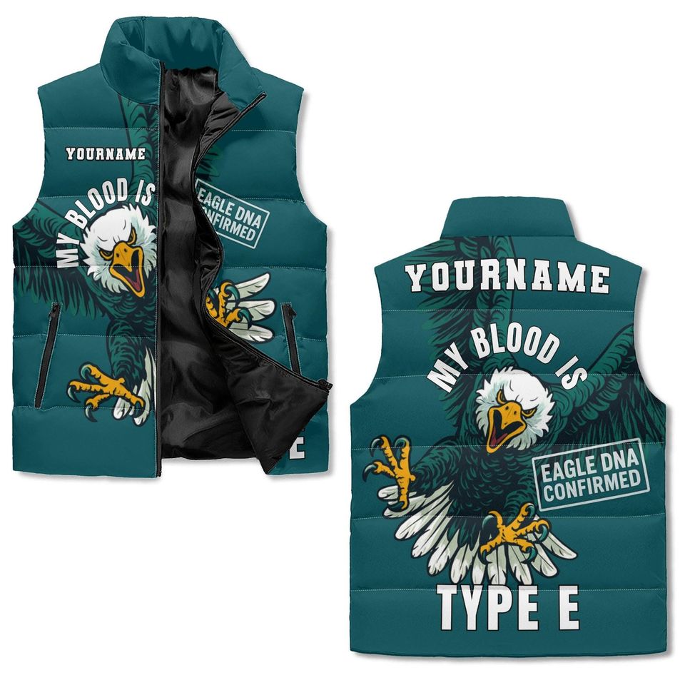 Custom Name Eagle Vest - Type E DNA Confirmed Puffer - All Over Print Zip Up Winter Stand Collar Vest
