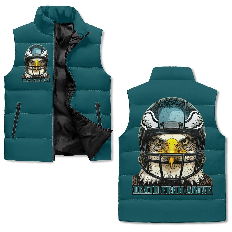 Death From Above Puffer Vest Eagles Midnight Green Unisex Sleeveless Fan Jacket Fierce Football Outerwear