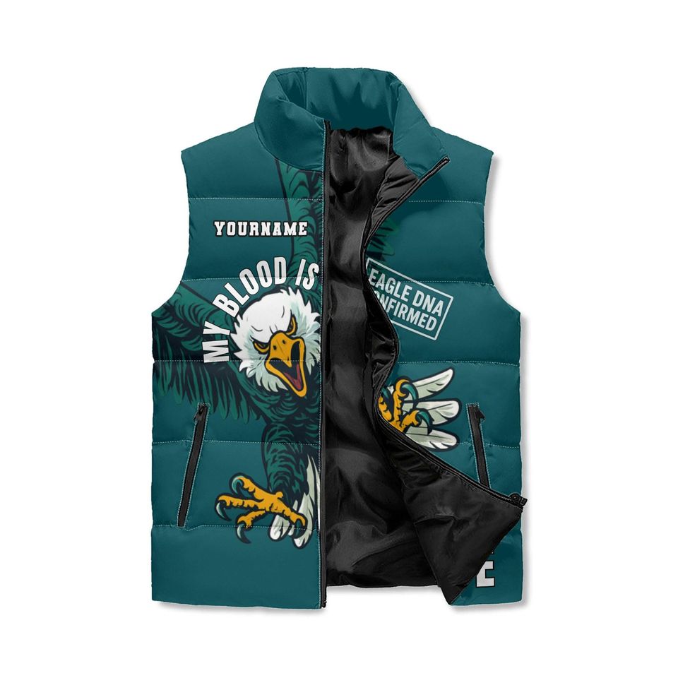 Custom Name Eagle Vest - Type E DNA Confirmed Puffer - All Over Print Zip Up Winter Stand Collar Vest