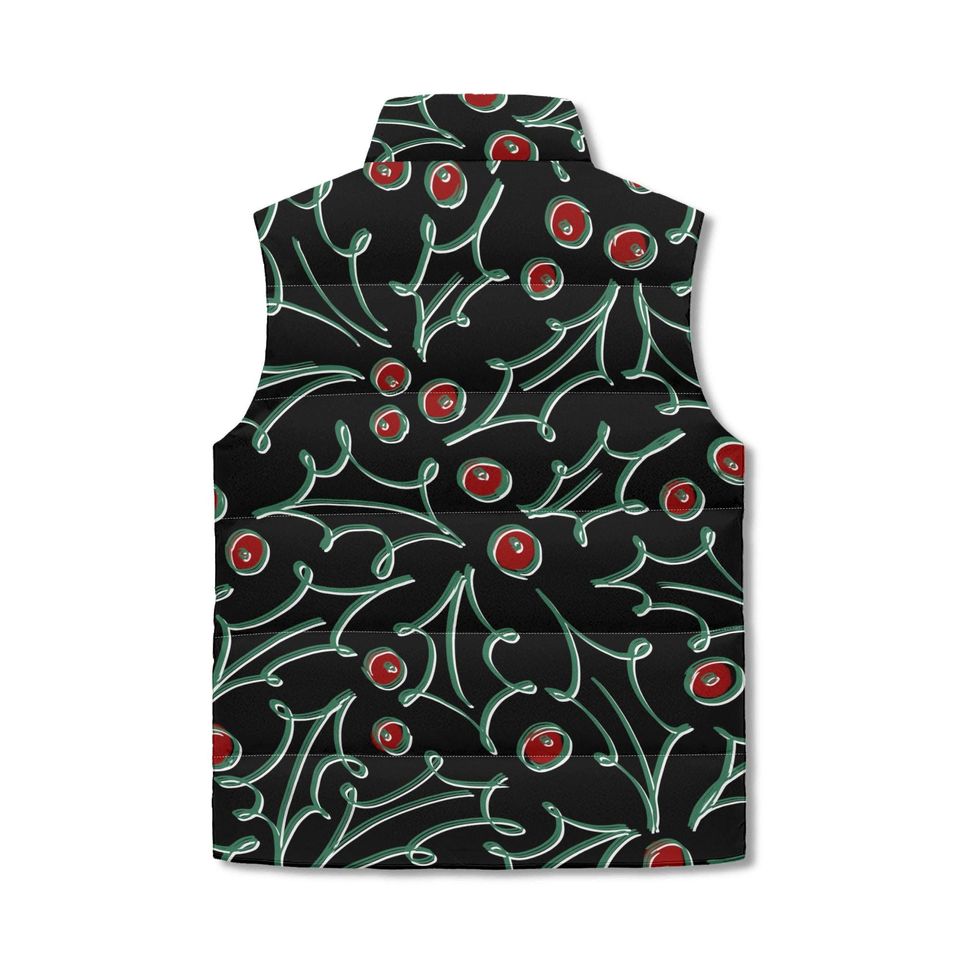 Holly Berry Print Puffer Vest  Custom Color Winter Vest