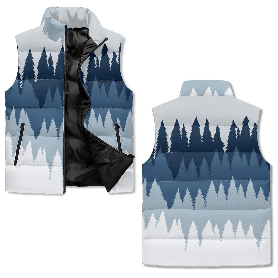 Blue Winter Forest Vest Gradient Pines AOP Zip Puffer Unisex Lightweight Outerwear
