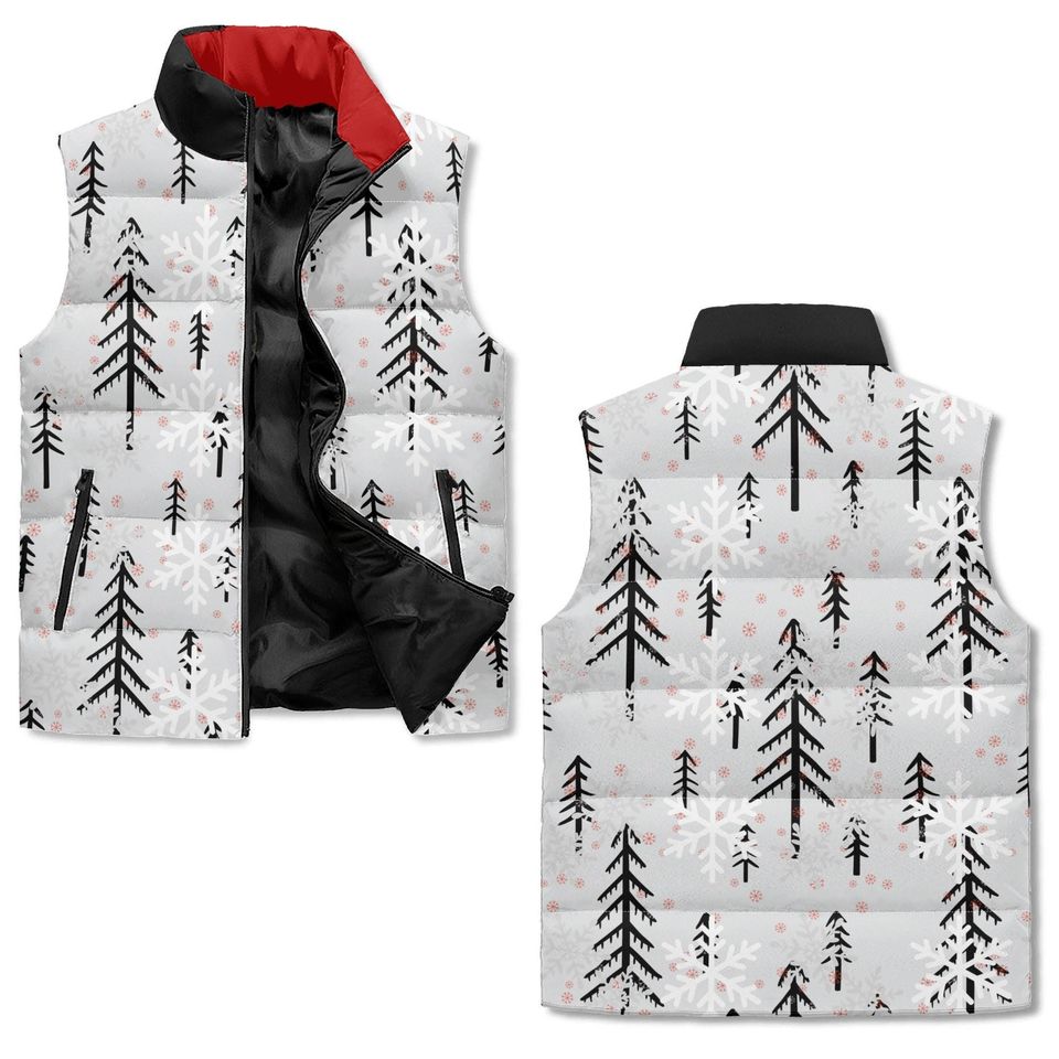 Gray Winter Forest Vest - Tree & Snow AOP Print Unisex Zip Up Puffer Jacket
