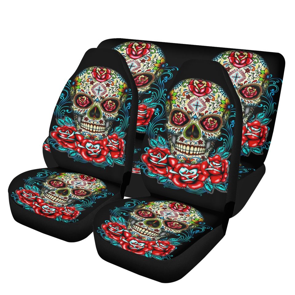Rose sugar skull seat cover for car, floral sugar skull Seat Covers mat for car skull seat cover rug mat for car candy skull car seat covers