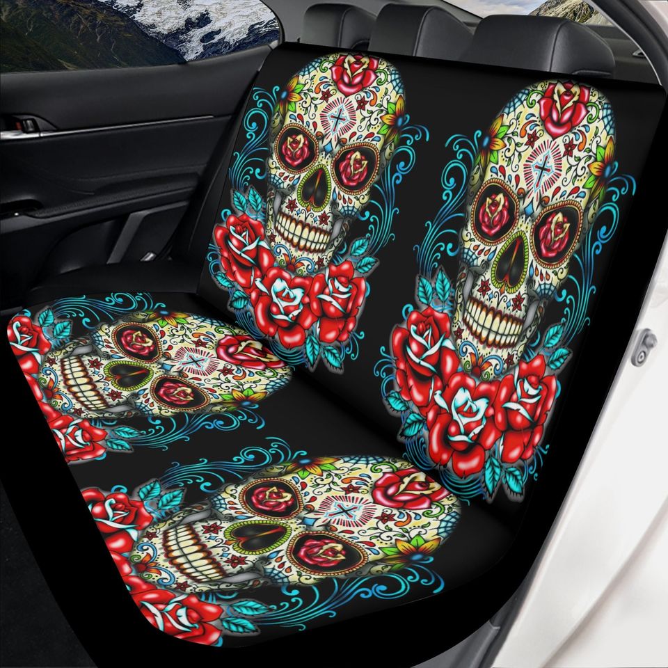 Rose sugar skull seat cover for car, floral sugar skull Seat Covers mat for car skull seat cover rug mat for car candy skull car seat covers