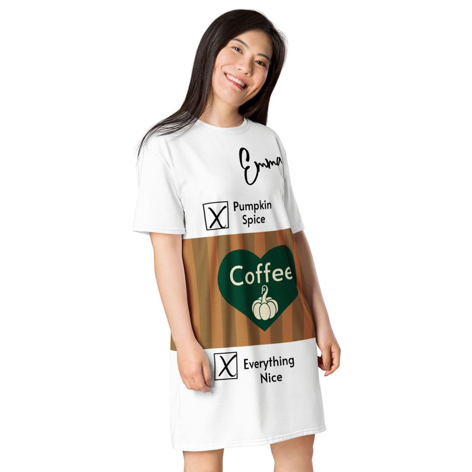 Coffee gift t-shirt dress, Pumpkin spice Coffee, Personalized coffee gift shirt, gift for her, coffee lover gift