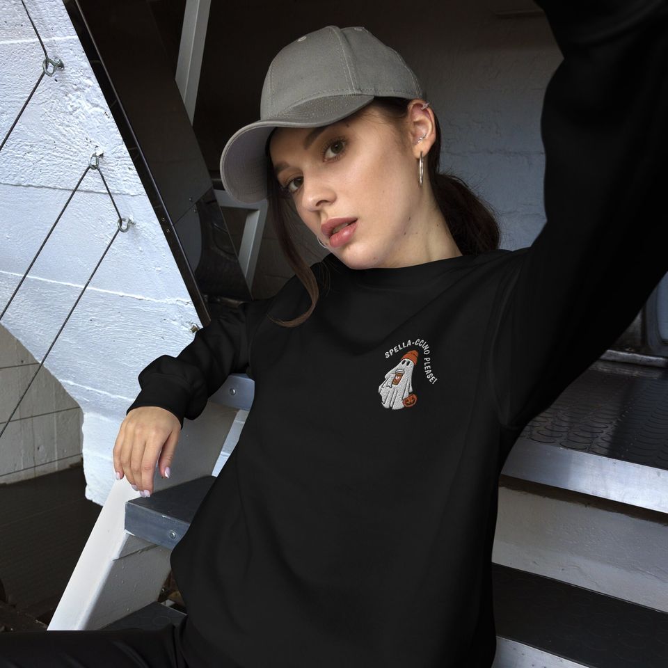 Halloween Ghost Embroidered Sweatshirt, Spella-ccino Coffee Sweatshirt, Cute Ghost