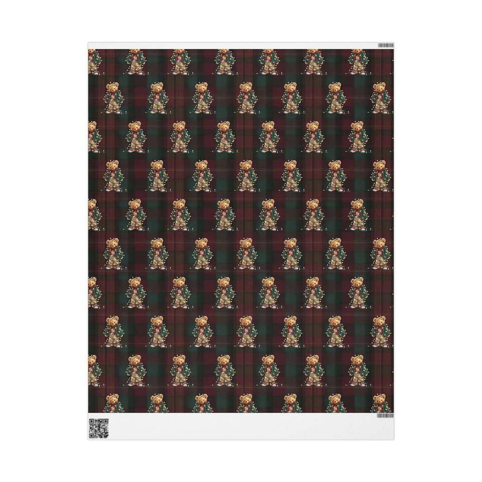 Traditional Bear Christmas Plaid Wrapping Paper Holiday Gift Wrap Tartan Gift Wrap Green Christmas Gift Wrap Christmas Wrapping Paper Plaid