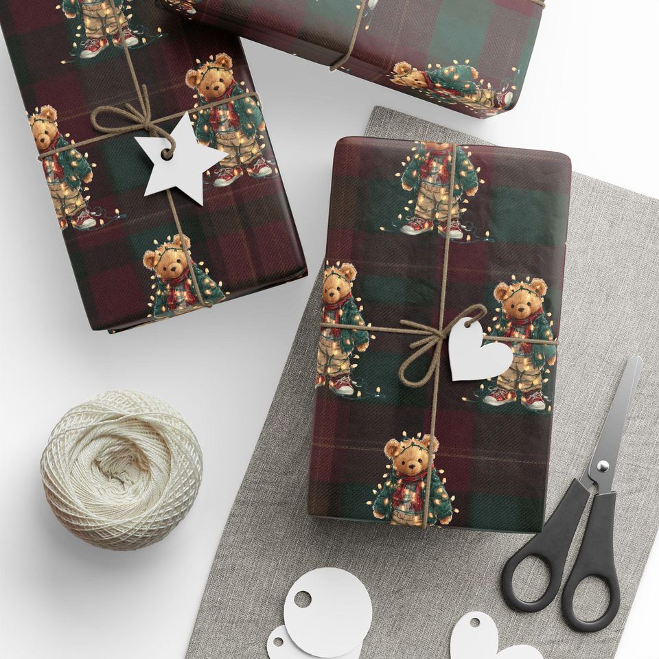 Traditional Bear Christmas Plaid Wrapping Paper Holiday Gift Wrap Tartan Gift Wrap Green Christmas Gift Wrap Christmas Wrapping Paper Plaid