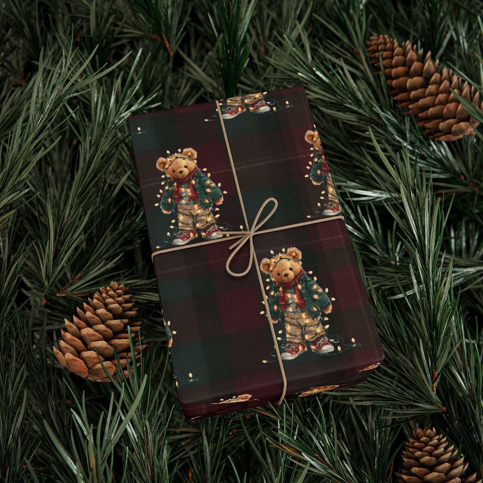 Traditional Bear Christmas Plaid Wrapping Paper Holiday Gift Wrap Tartan Gift Wrap Green Christmas Gift Wrap Christmas Wrapping Paper Plaid