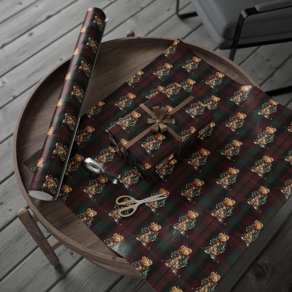 Traditional Bear Christmas Plaid Wrapping Paper Holiday Gift Wrap Tartan Gift Wrap Green Christmas Gift Wrap Christmas Wrapping Paper Plaid