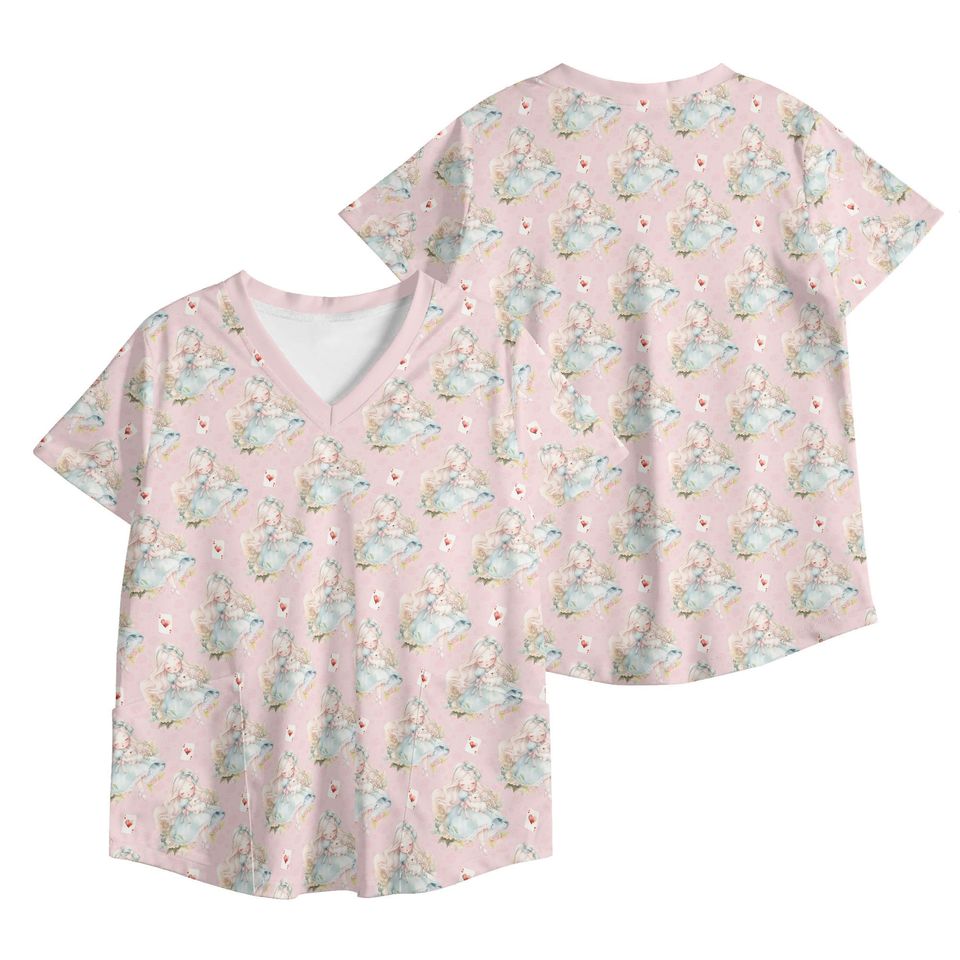 Alice in Wonderland V Neck Scrub Top