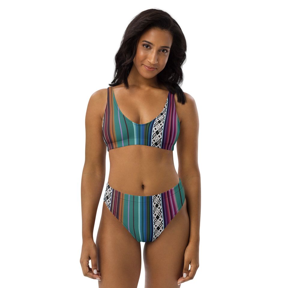 Mexican Aztec Recycled High-Waisted Bikini - Boho Two Piece Swimsuit - Women