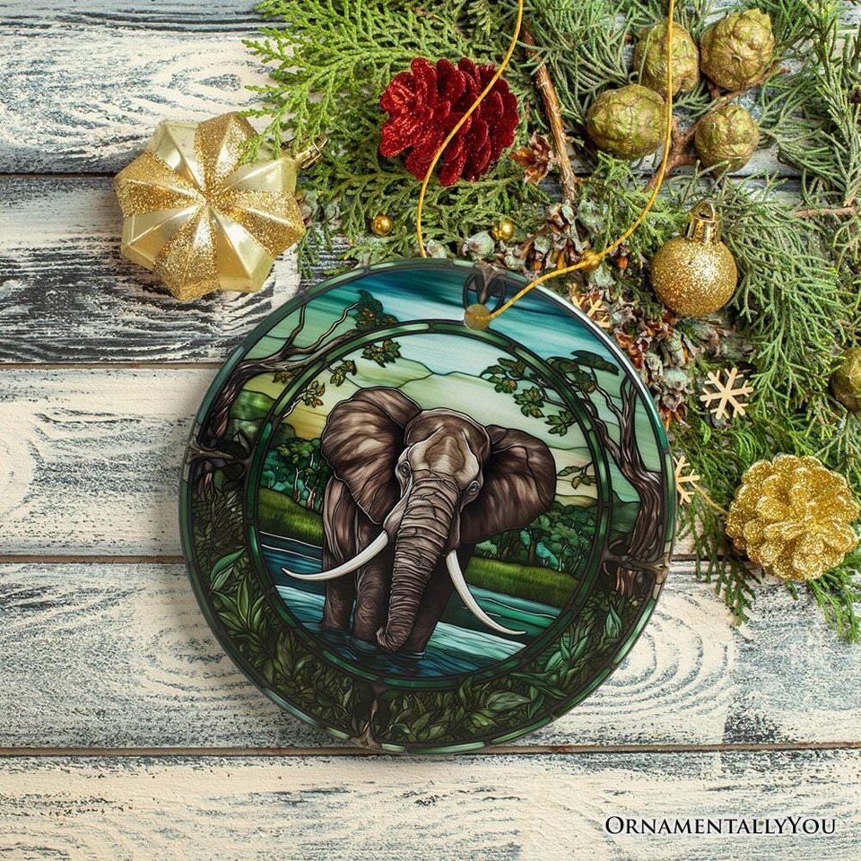 African Pachyderm Elephant Stained Glass Style Ceramic Ornament