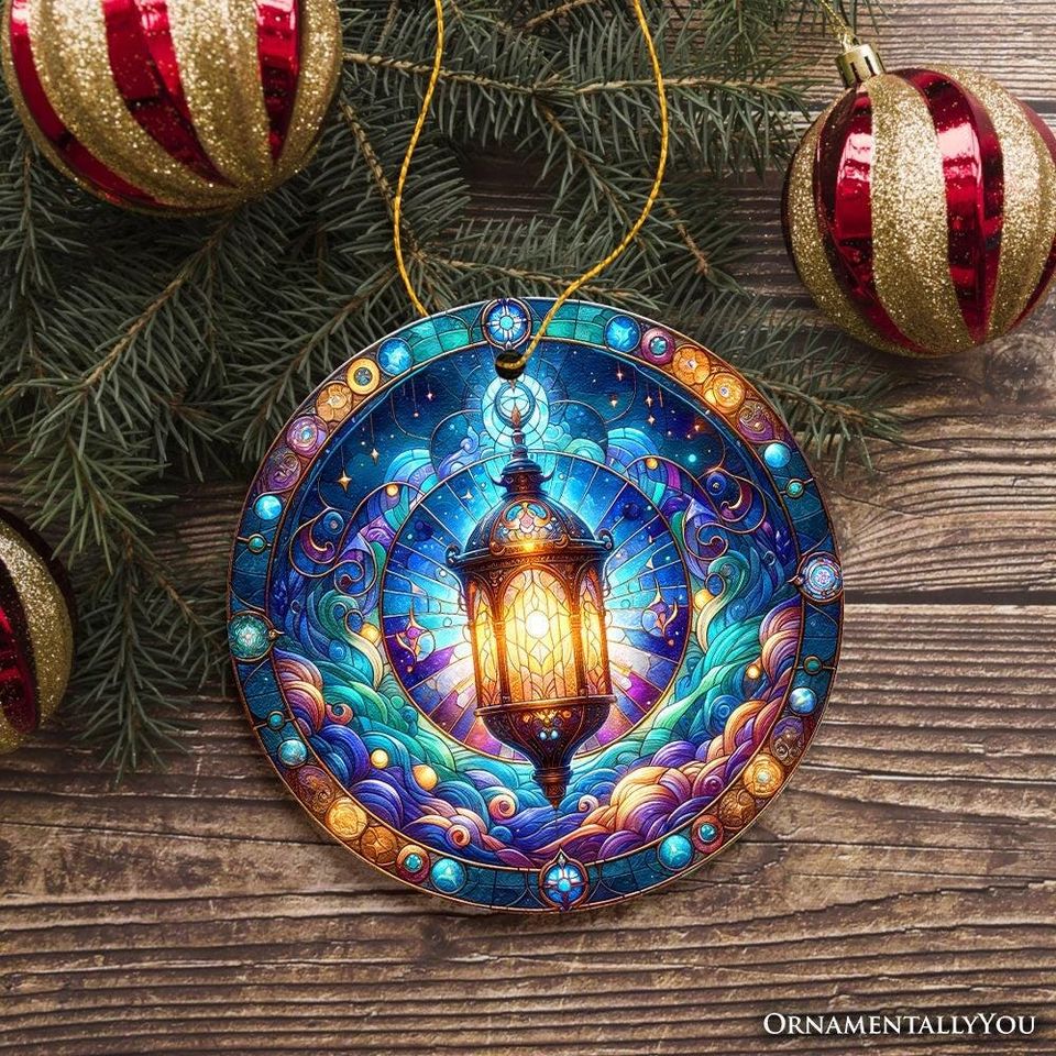 Illustrious Lantern Stained Glass Style Ceramic Ornament