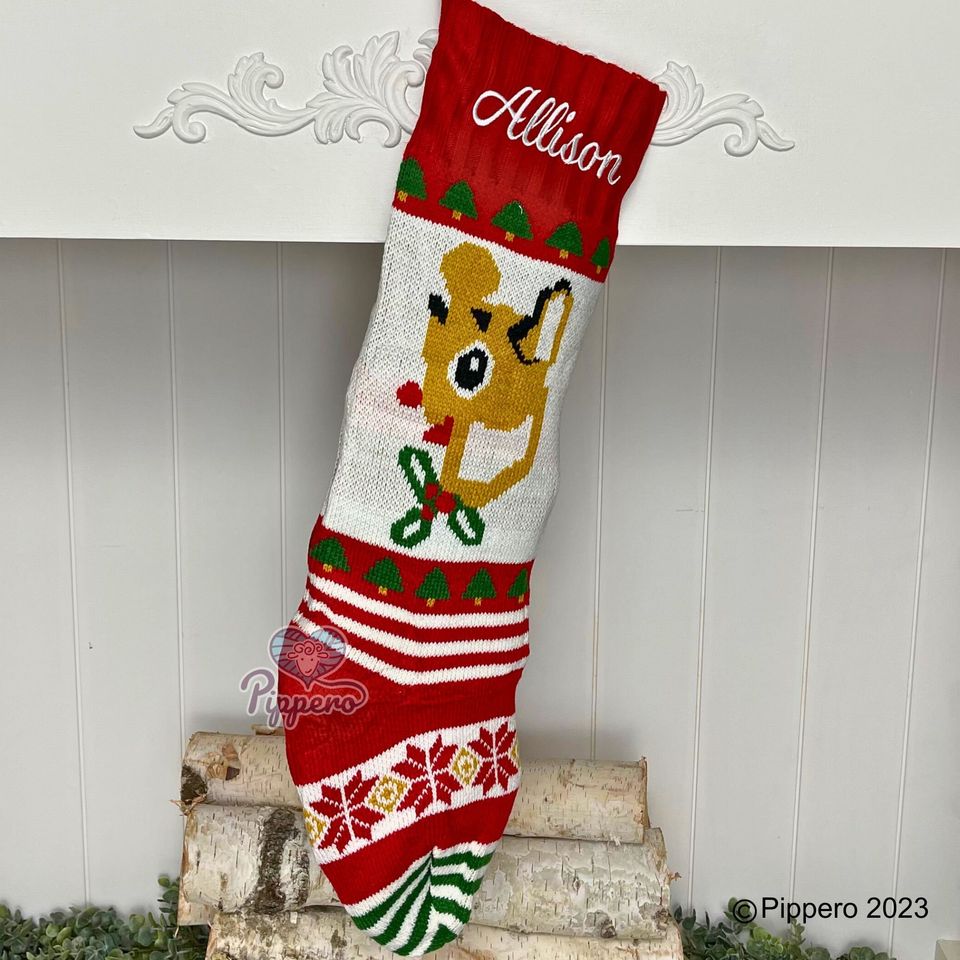 Personalized Custom Embroidered Monogramed Family Knit Christmas Stockings Socks with Santa Deer Train Gingerbread Snowman Mrs. Claus