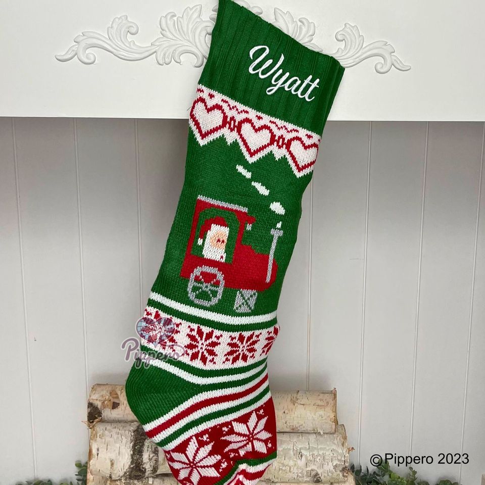 Personalized Custom Embroidered Monogramed Family Knit Christmas Stockings Socks with Santa Deer Train Gingerbread Snowman Mrs. Claus