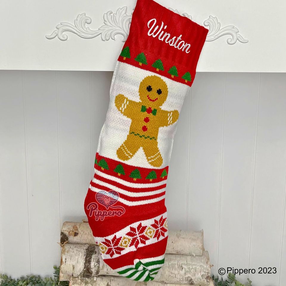 Personalized Custom Embroidered Monogramed Family Knit Christmas Stockings Socks with Santa Deer Train Gingerbread Snowman Mrs. Claus