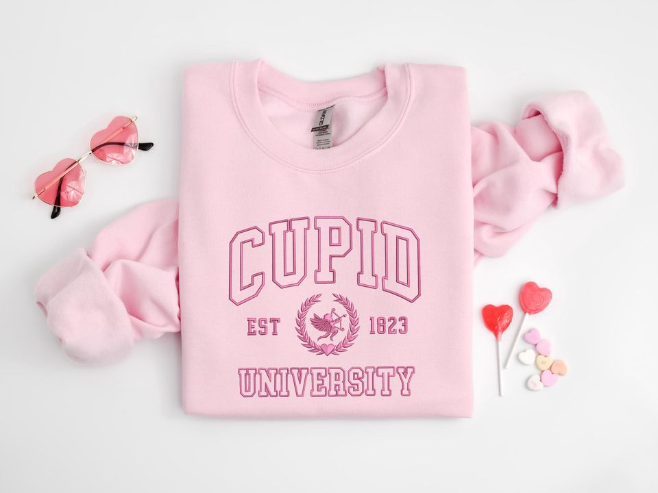 Embroidered Cupid University Sweatshirt, Cute Valentine's Day, Funny College Sweatshirt, Love Crewneck Sweatshirt, Embroidered Cupid Sweater