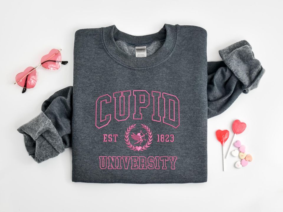 Embroidered Cupid University Sweatshirt, Cute Valentine's Day, Funny College Sweatshirt, Love Crewneck Sweatshirt, Embroidered Cupid Sweater
