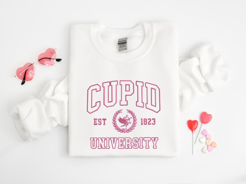 Embroidered Cupid University Sweatshirt, Cute Valentine's Day, Funny College Sweatshirt, Love Crewneck Sweatshirt, Embroidered Cupid Sweater