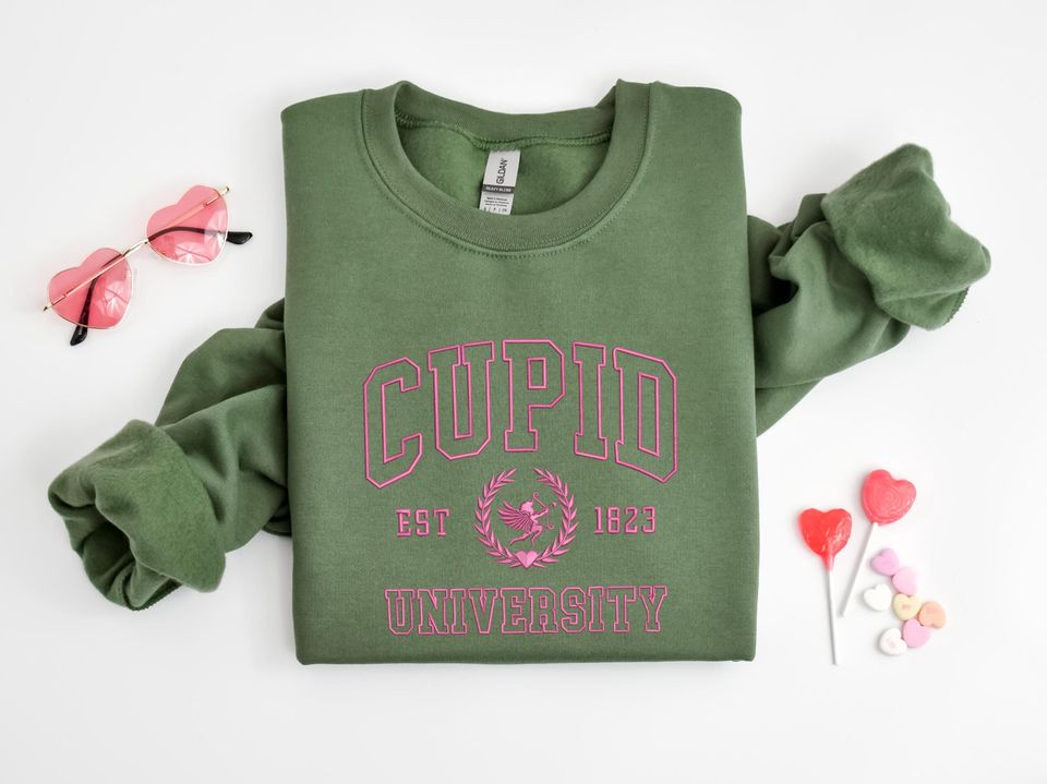 Embroidered Cupid University Sweatshirt, Cute Valentine's Day, Funny College Sweatshirt, Love Crewneck Sweatshirt, Embroidered Cupid Sweater