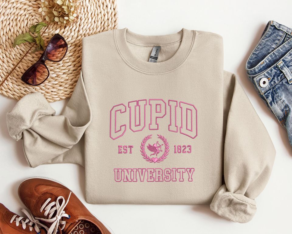 Embroidered Cupid University Sweatshirt, Cute Valentine's Day, Funny College Sweatshirt, Love Crewneck Sweatshirt, Embroidered Cupid Sweater