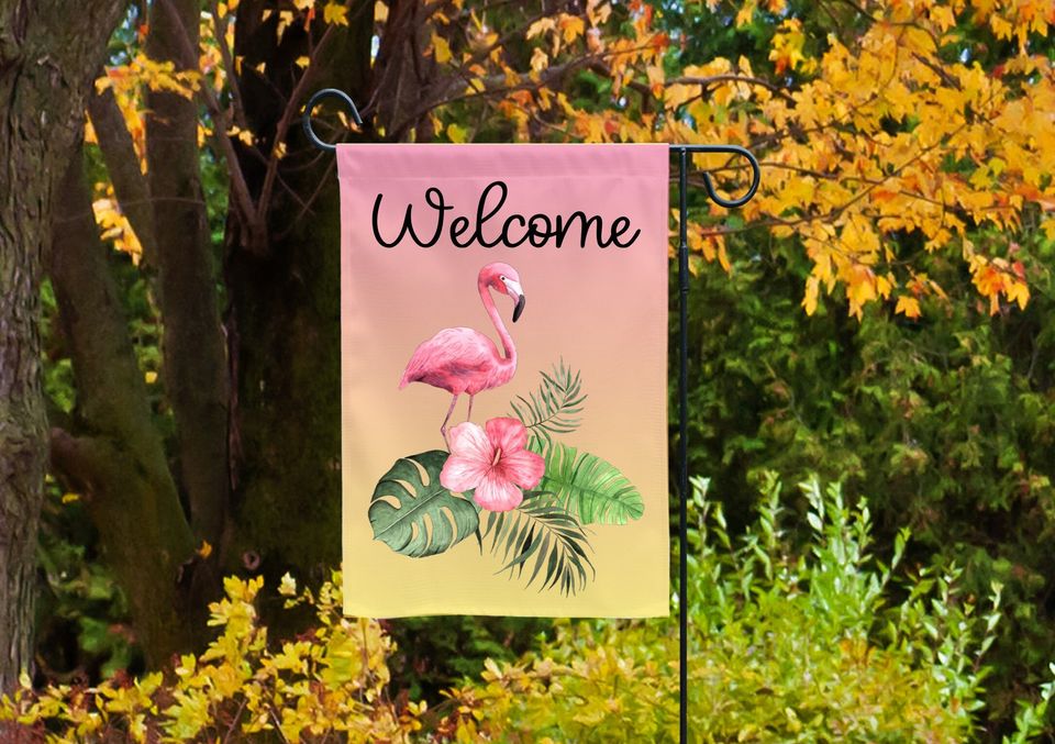 Flamingo Tropical Flowers Welcome Garden Flag