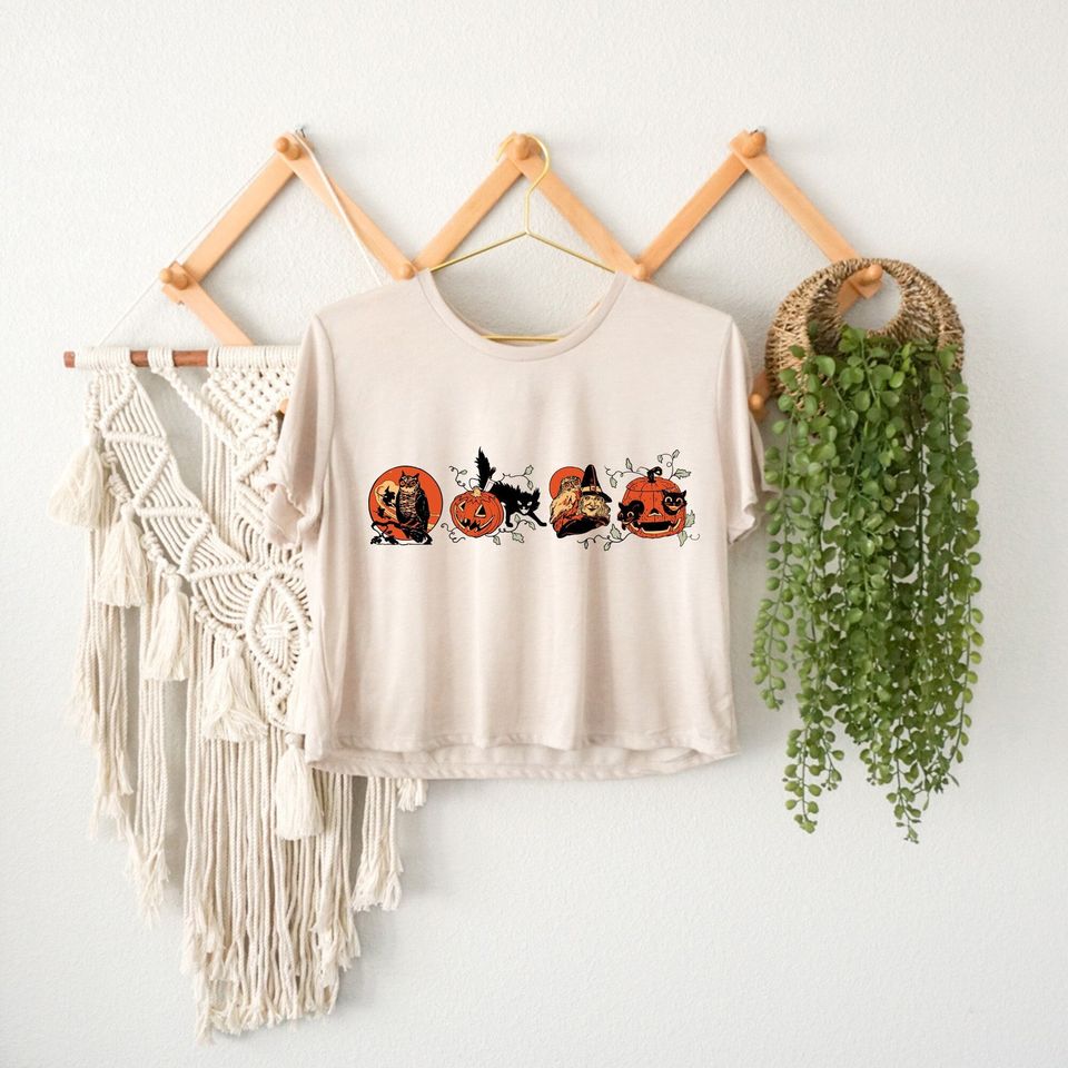 Halloween Crop Top with Pumpkin, Witch, Black Cat Designs for Women