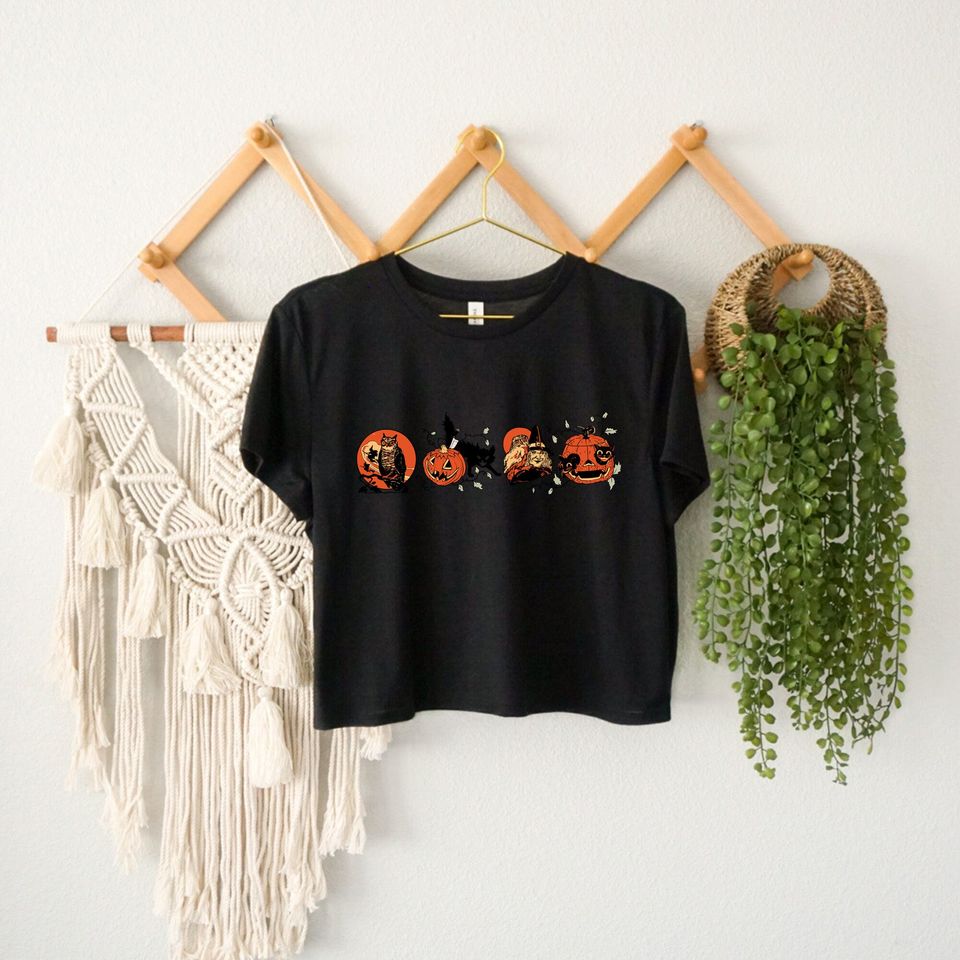 Halloween Crop Top with Pumpkin, Witch, Black Cat Designs for Women