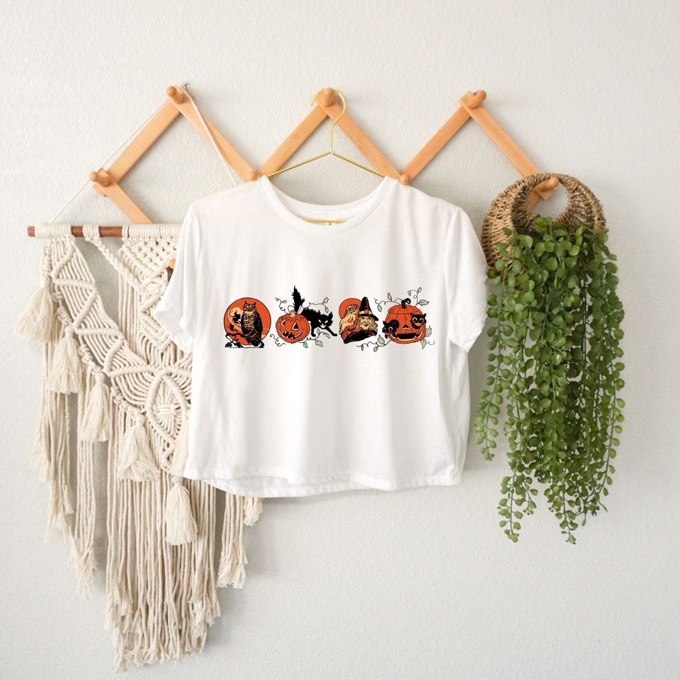 Halloween Crop Top with Pumpkin, Witch, Black Cat Designs for Women