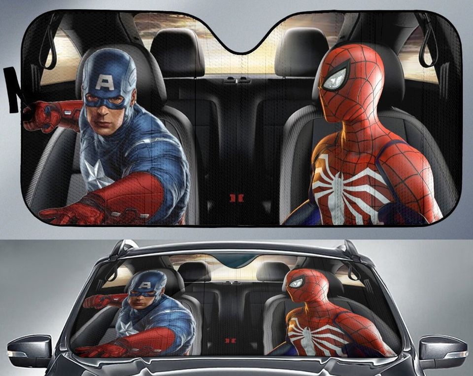Captain America And Spiderman Front Seat Car Sunshade