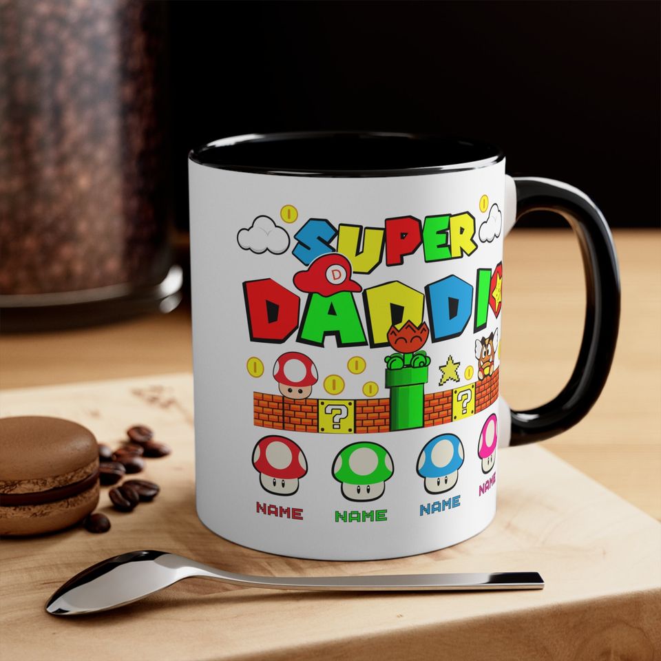 Personalized Super Daddio Game Mug, Custom Kids Name Dad Mug, Super Daddio Mug