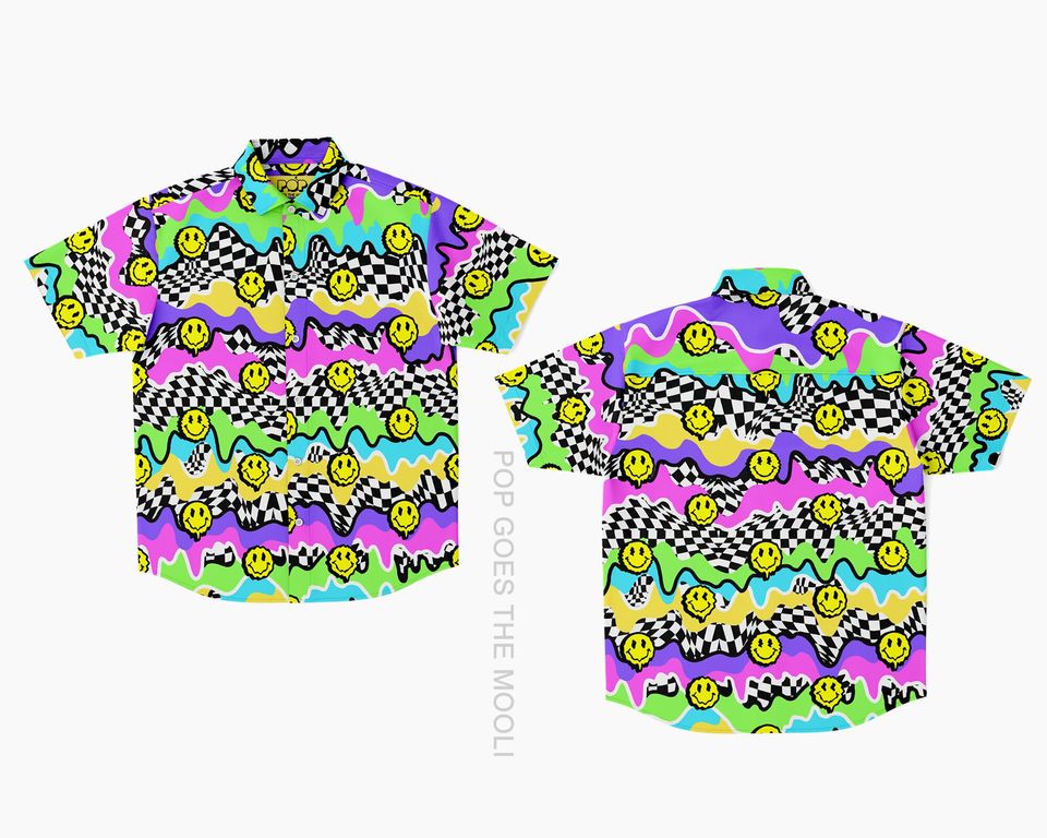 Trippy Smiley Novelty Button Down Up Shirt  Hawaiian
