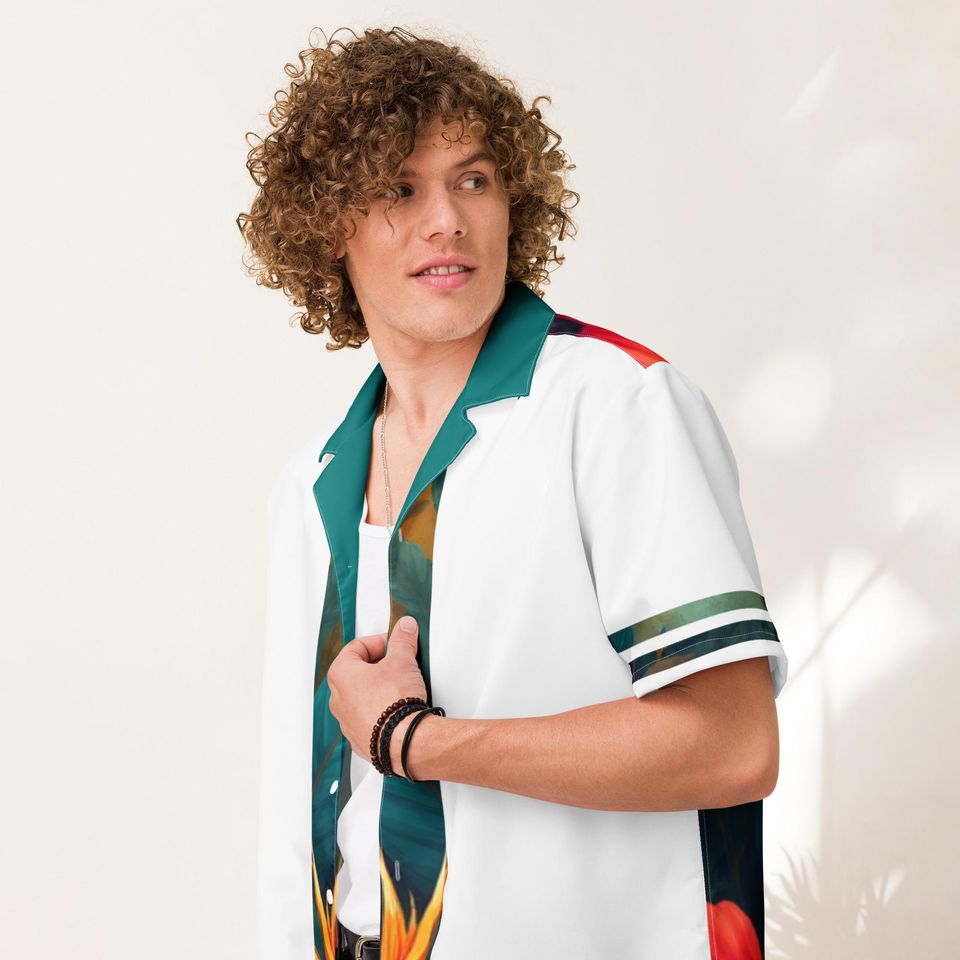 Tropical Guayabera Inspired Shirt | White & Teal Resort Button-Up