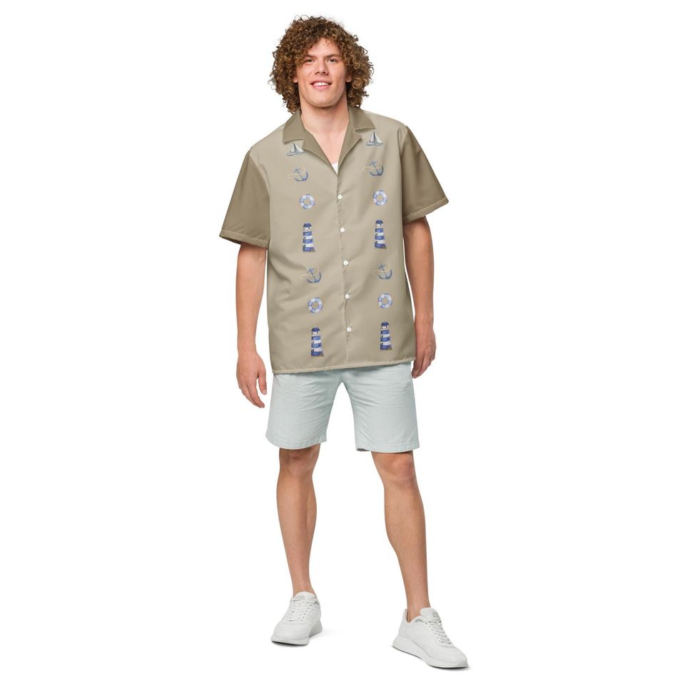Nautical Resort Shirt | Beach Scene, Lighthouse & Anchor