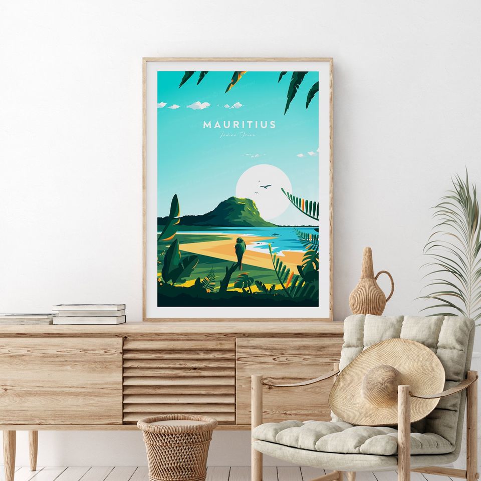 Mauritius traditional travel print, Mauritius poster, Indian Ocean poster, Birthday present, Wedding gift