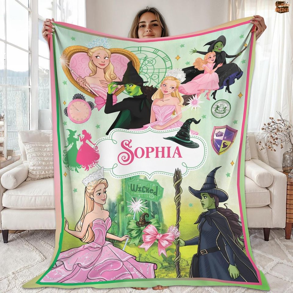 Custom Name Wicked Change For Good Blanket, Elphaba And Glinda Blanket