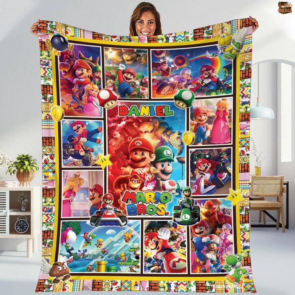 Personalized Super Mario Bros Blanket, Super Mario Birthday Fleece Blanket