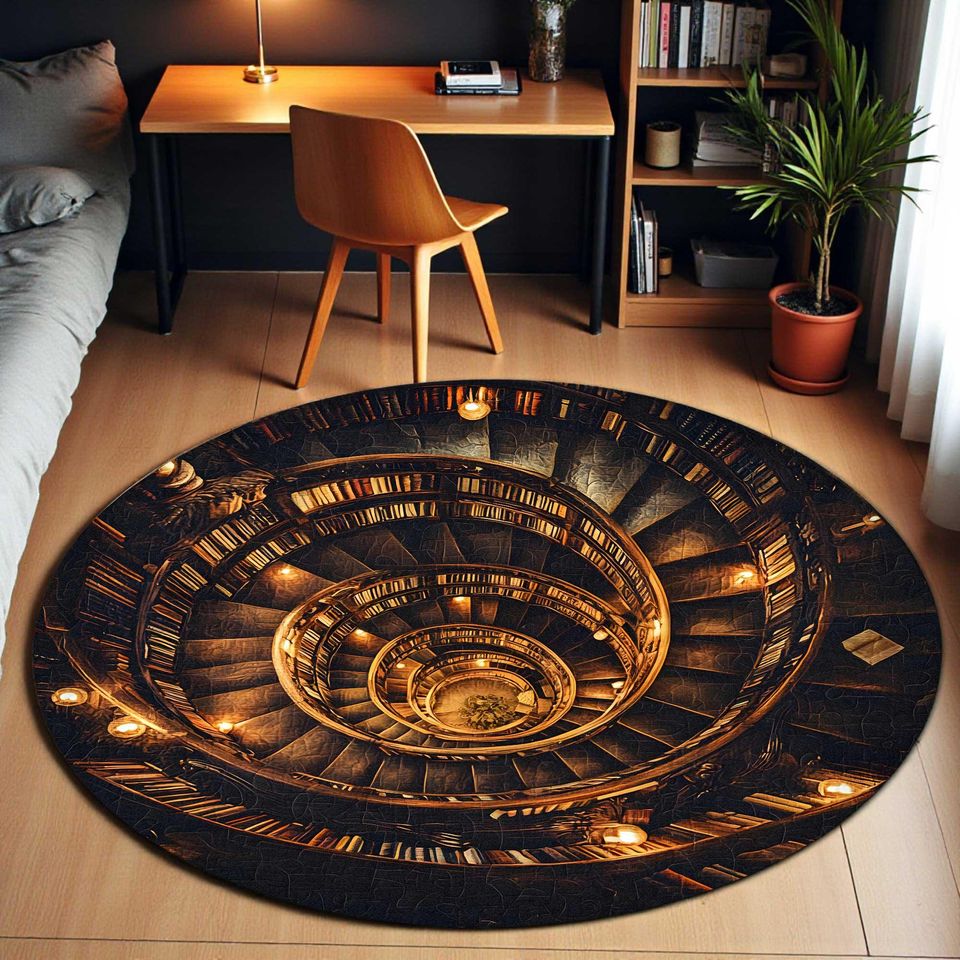 3D Effect Printed Vintage Library Round Rug for Book Lovers, Librarians, Reading Room Indoor Decor