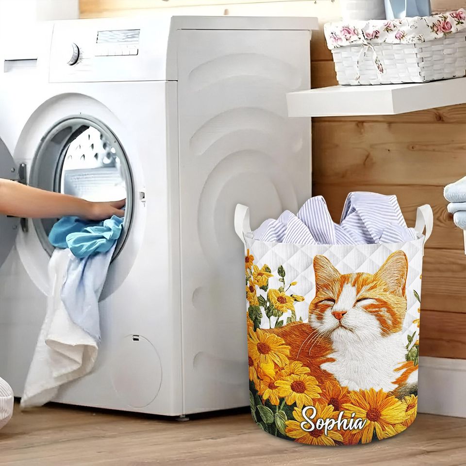 Custom Cute Kitten Laundry Basket, Floral Cat Decor Hamper, Kitty Laundry Bin, Cat Lover Bathroom & Laundry Decor, Flower Cat Basket Decor