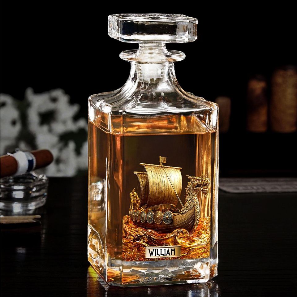 Discover Personalized Name Viking Style Dragon Ship 2D Printed Whiskey Decanter, Custom Bar Decor Gift for Husband Father, Birthday Gift For Him