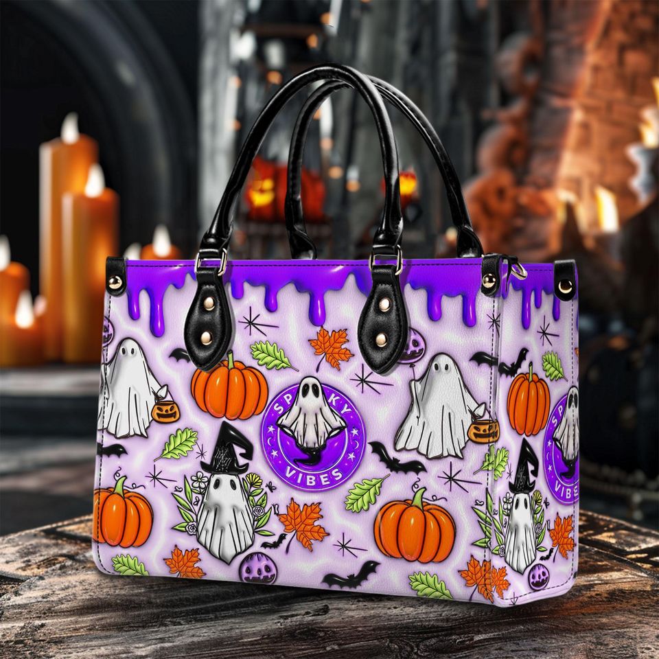 Spooky Vibe Print 3D Effect Leather Handbag With Handle, Ghost Pumpkin Bags, Wallet, Print 3D Halloween Bags, Trick Or Treat Halloween Bags